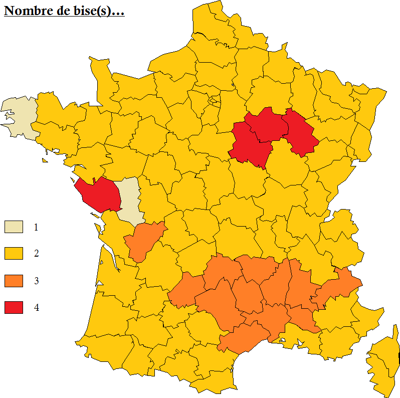 Nombre de bises dans chaque région de France