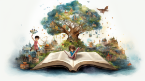 un enfant qui lit un livre et imagine le monde francophone