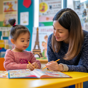 young student having french courses for kids with a native teacher