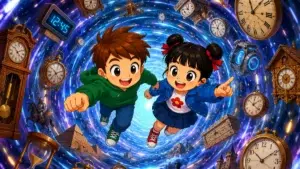 Two cartoon children flying through a swirling vortex of clocks, illustrating the French past tenses : imparfait vs passé composé