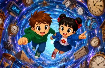 Two cartoon children flying through a swirling vortex of clocks, illustrating the French past tenses : imparfait vs passé composé