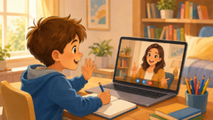 Online French lessons for kids: child on a video call with a native-speaking teacher