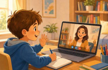 Online French lessons for kids: child on a video call with a native-speaking teacher