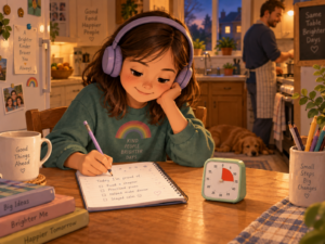 Learn French at home: a child practising 15 minutes a day